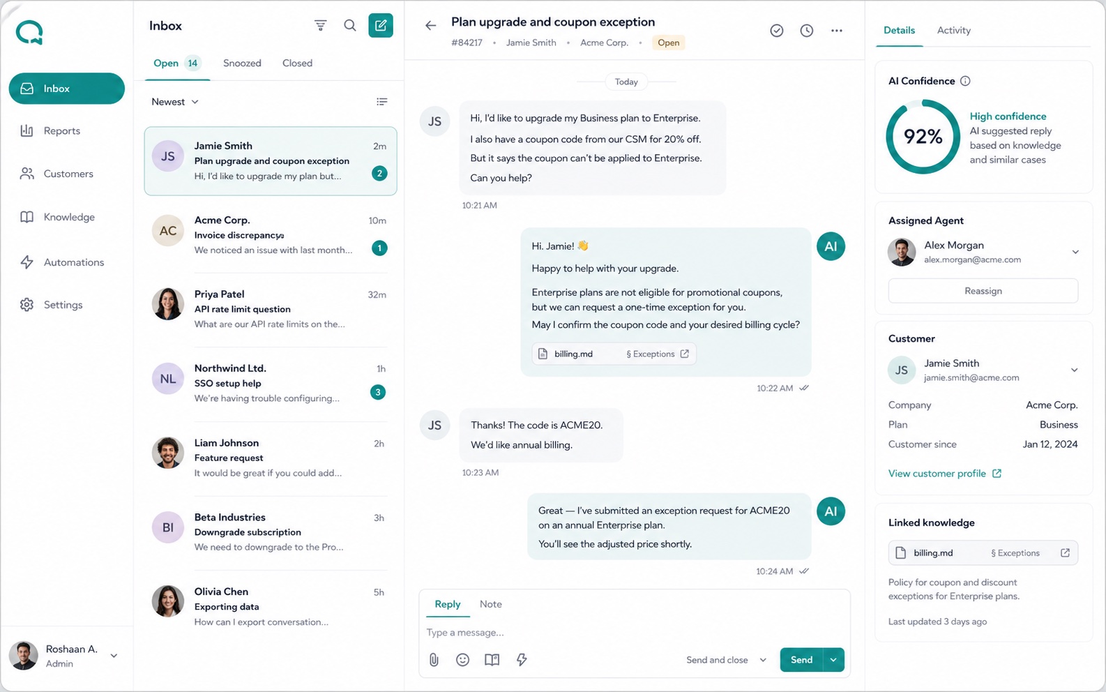 SentroDesk shared inbox showing an AI customer support reply, agent assignment, linked knowledge, and customer details