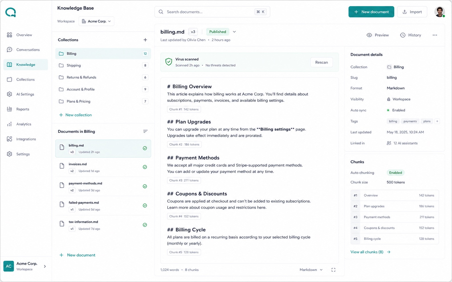 SentroDesk knowledge base with support collections and a published billing policy used for AI answers