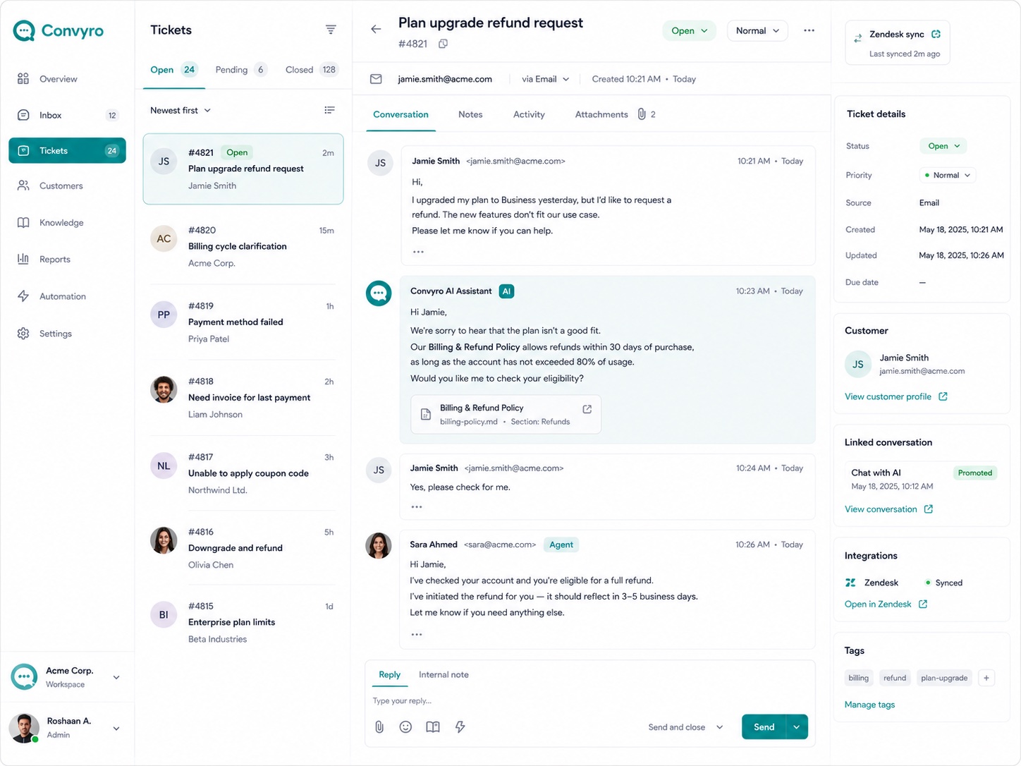 SentroDesk helpdesk ticket showing customer conversation, status, priority, notes, activity, and linked context